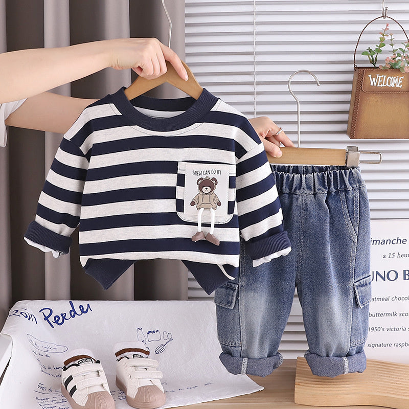 Boys' Suit and Autumn 2026 New Fashionable Children's Long Sleeve Striped Pocket Bear Logo Two-Piece Set Baby Spring Outfit