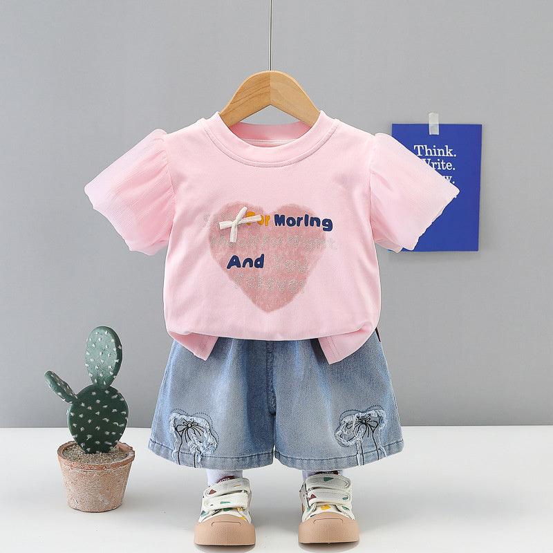 Girls' Heart-Shaped Short Sleeve Set 2026 New Fashionable Baby Girl Clothes Casual Children's Summer Outfit