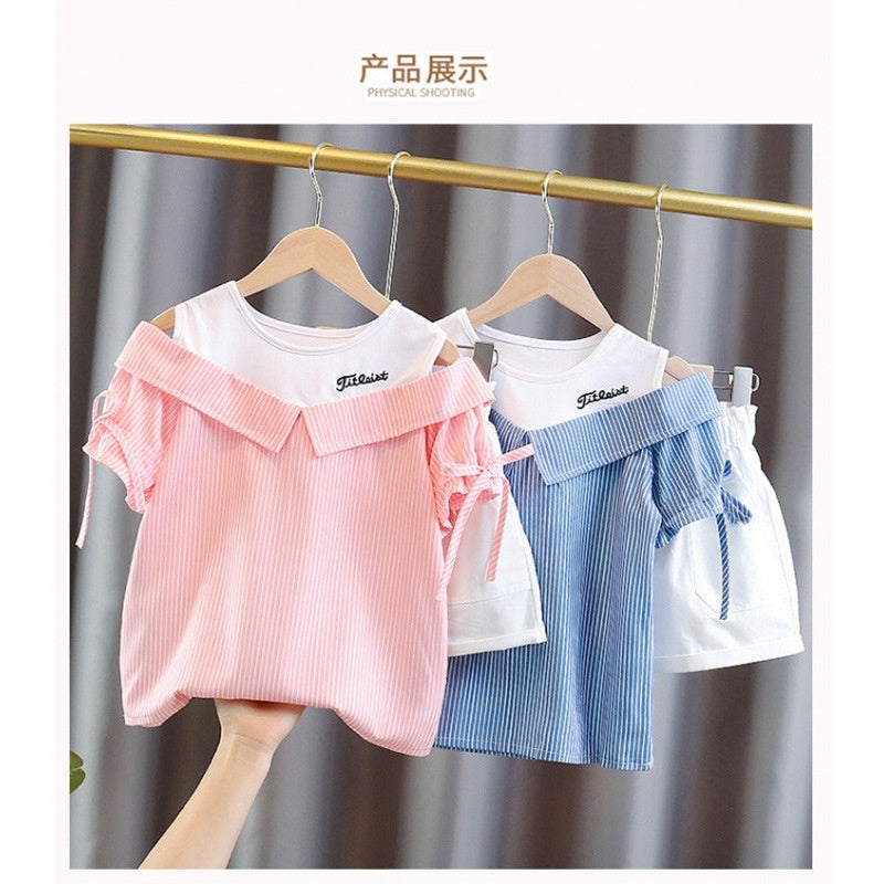 Summer Girls' Outfit 2023 New Korean Style for Older Children, Two-Piece Set with Off-Shoulder Top Shorts, Stylish and Trendy