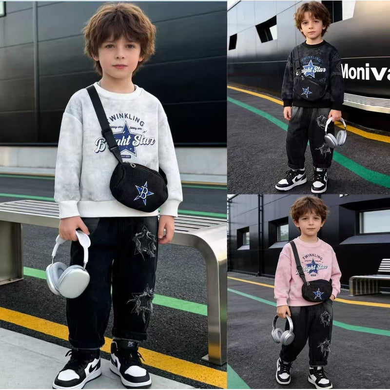 Boys' Stylish Spring and Autumn Outfit 2026 New Children's Star Pattern Hoodie Two-Piece Set Long Sleeve Baby Clothes