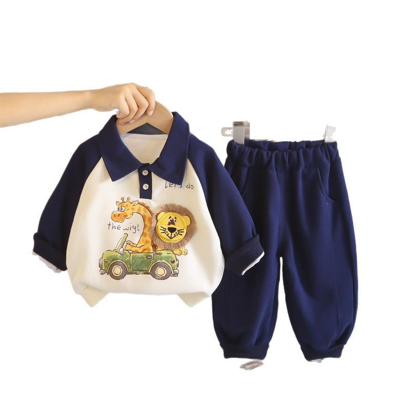 Boys' Suit 2026 New Fashionable Cute Children's Outfit with Turn-down Collar 3D Lion Design, Two-piece Set for Baby, Spring and Autumn Trendy Wear