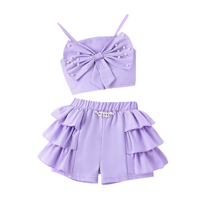 Baoxin Children's Clothing Cross-Border European and American Summer New Girls' Outfit: Pearl Bow Strap Top + Cake Hem Shorts