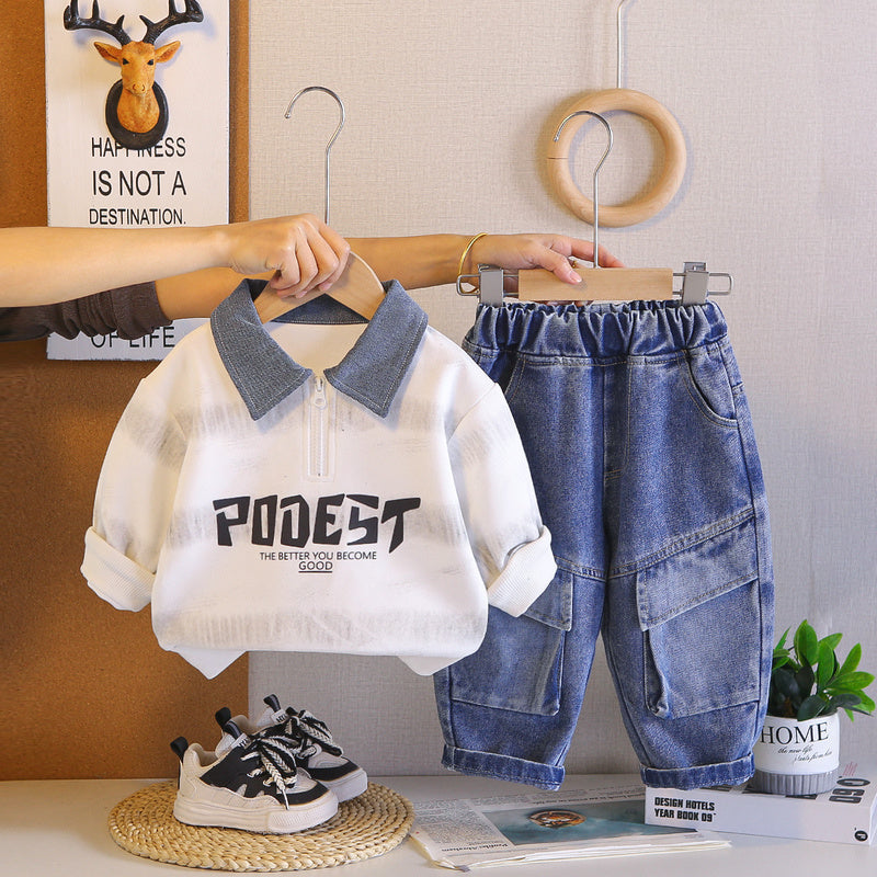 Boys' Outfit 2026 New Stylish Half-Zip Sweatshirt Set Baby Spring Fashionable and Trendy Infant Children's Clothing