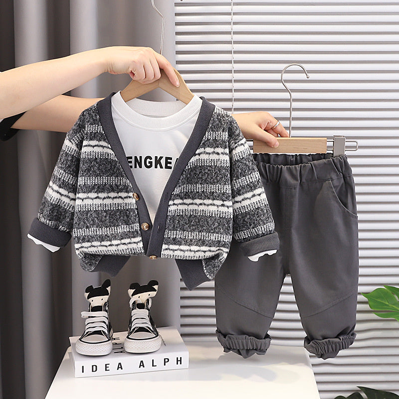 Boys' Suit Spring and Autumn 2026 New Fashionable Long-Sleeve Striped Cardigan Sweater Three-Piece Set Baby Clothes