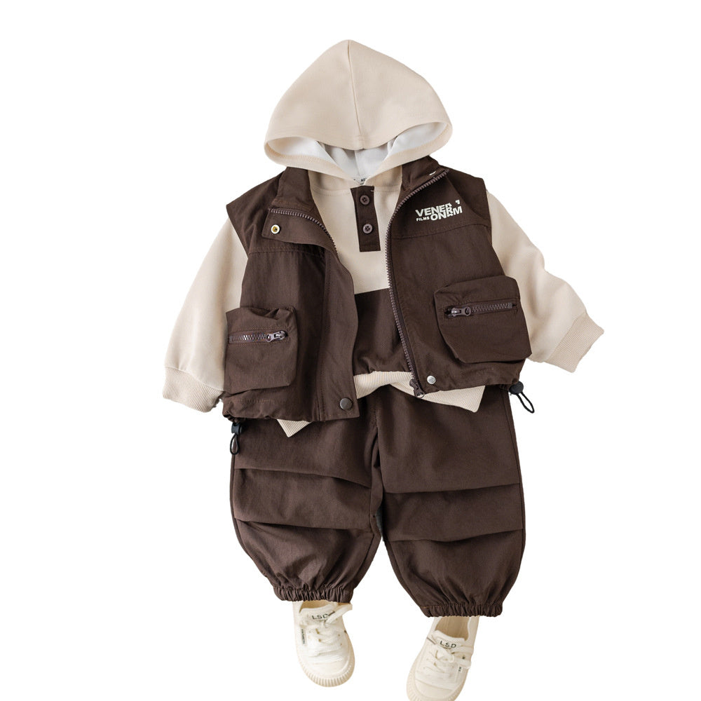 Stylish Boys' and Autumn Outfit 2026 New Spring Collection Baby Three-Piece Set with Double 3D Pocket Vest Trendy