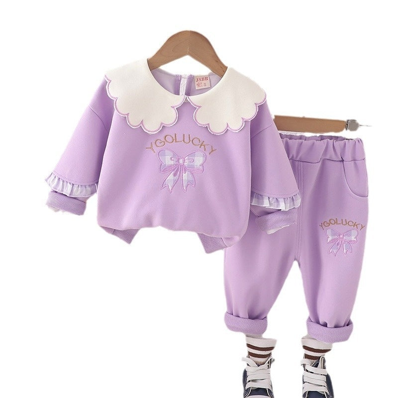 Girls' Outfit 2024 New Sweatshirt Baby Plaid Bow Two-Piece Set Children's Spring and Autumn Style