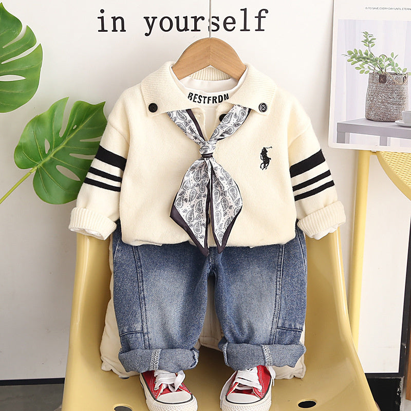 Baby boy outfit stylish clothing spring and autumn handsome infant children's wear silk scarf cardigan sweater three-piece set
