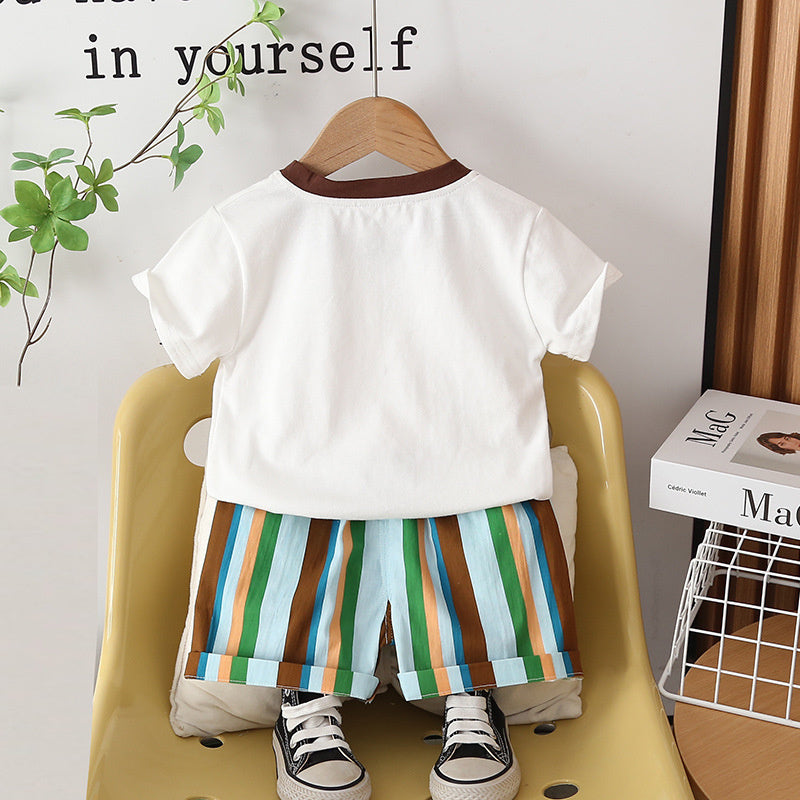 Children's Summer Outfit 2026 New Style Boys' Stylish Thin Cartoon Short-Sleeve Baby Casual Rainbow Pants Two-Piece Set