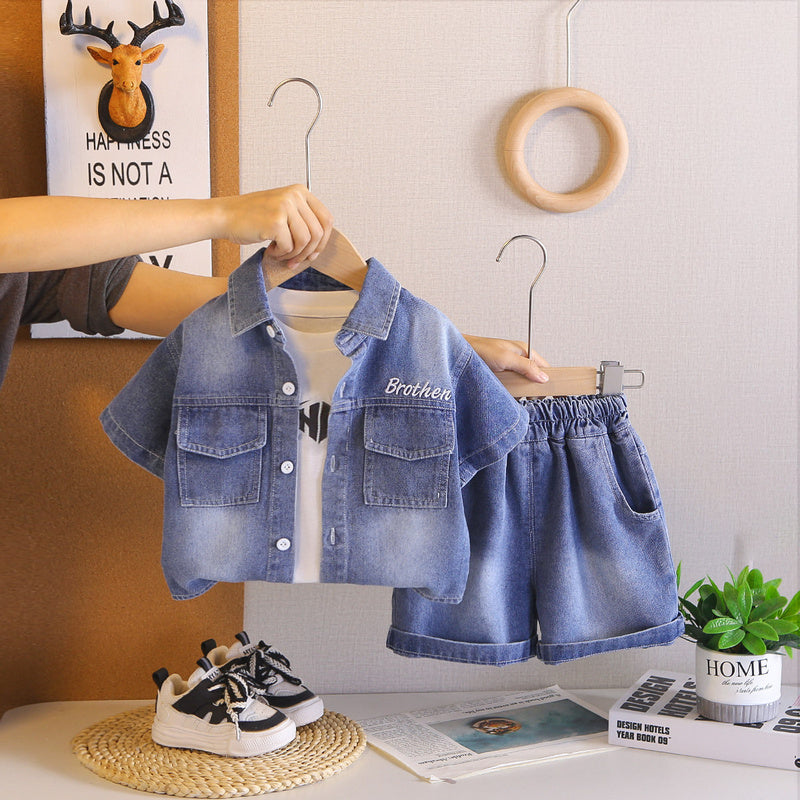 Boys' Outfit 2026 New Style Baby Summer Letter Print Denim Clothes Children's Stylish Short Sleeve Three-Piece Set
