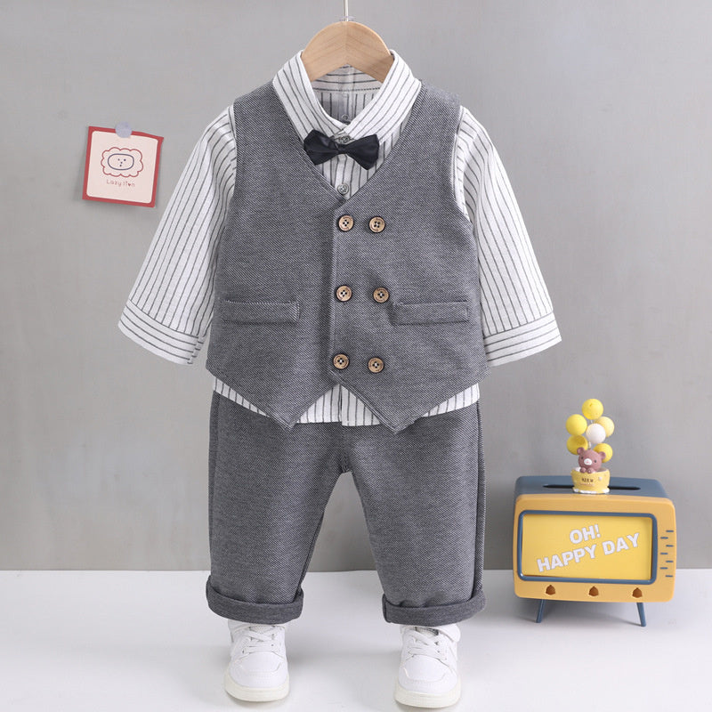 Boys' Outfit 2023 New Baby Clothes Toddler Spring and Autumn Double-Breasted Suit Vest Three-Piece Set
