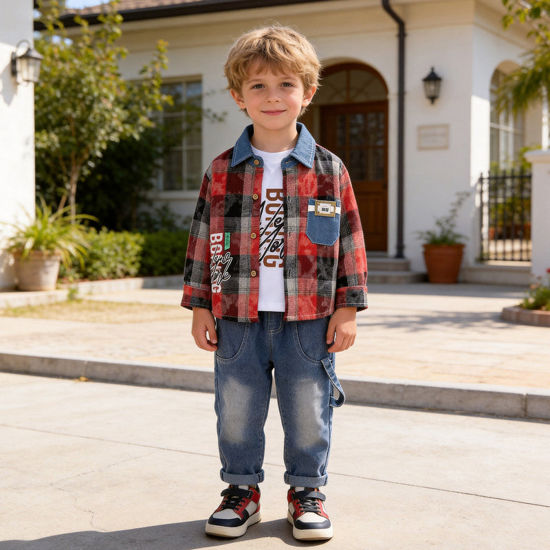 Outfit Set: Baby Plaid Shirt Three-Piece Casual Boys' Clothing Children's Spring and Autumn Set