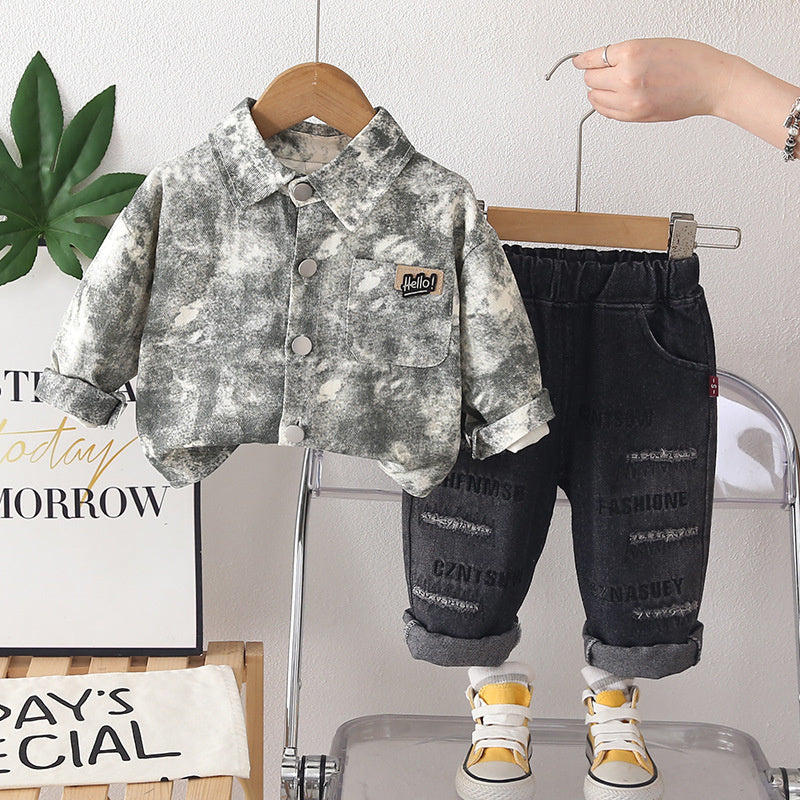 Boys' Suit Spring and Autumn, New 2026 Casual Clothes for Children, Stylish Full-Print Round-Pocket Two-Piece Autumn Outfit