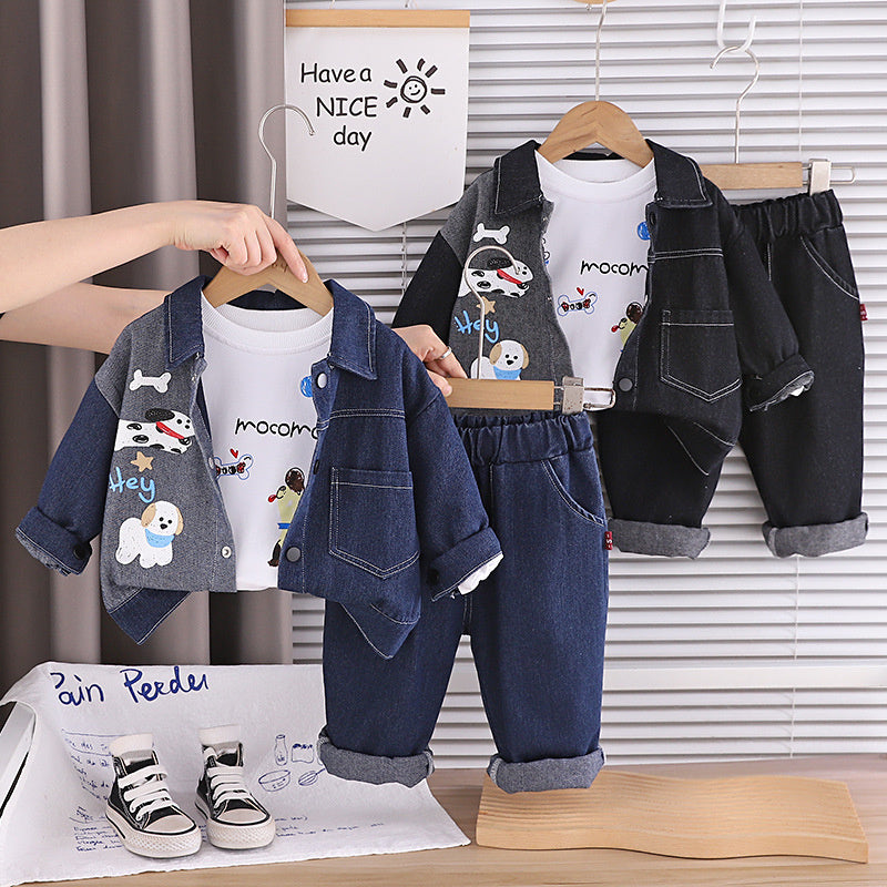 Baby Boy and Autumn Outfit 2026 New Fashionable Infant Spring Clothing Casual Puppy Denim Jacket Three-Piece Set