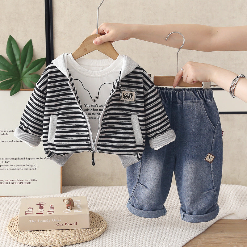 Boys' Outfit 2026 New Style Infant Children's Spring and Autumn Stylish Baby Boy Clothes Striped Hooded Three-Piece Set