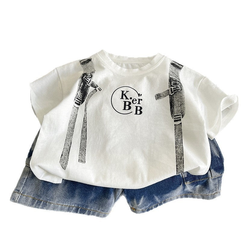 Boys' Outfit 2026 New Style Children's Faux Suspender Short Sleeve Baby Summer Thin Clothing Two-Piece Trendy Set