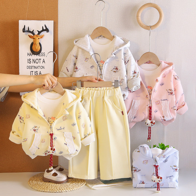 Girls' Spring and Autumn Outfit 2026 New Style for 1-4 Year Olds, Stylish Baby Children's Full-Print Cartoon Hooded Three-Piece Set