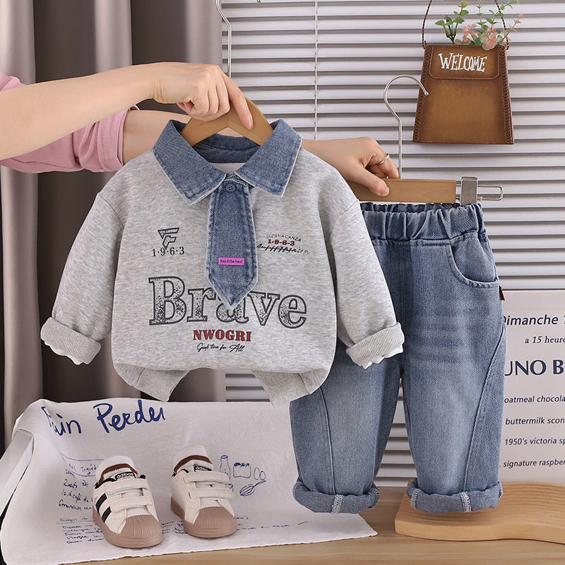 Boys' Suit 2026 New Spring and Style Children's Fashionable Baby Autumn Letter Denim Tie Two-Piece Set Trendy