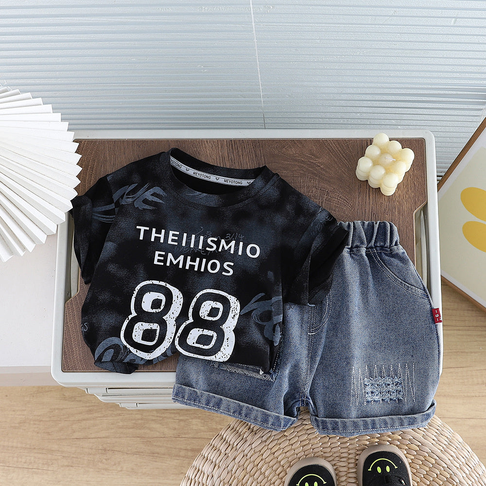 Boys' Outfit 2026 New Style Infant Children's Clothing Summer Cute Tie-Dye Digital Pattern Clothes for Baby Boys Trendy