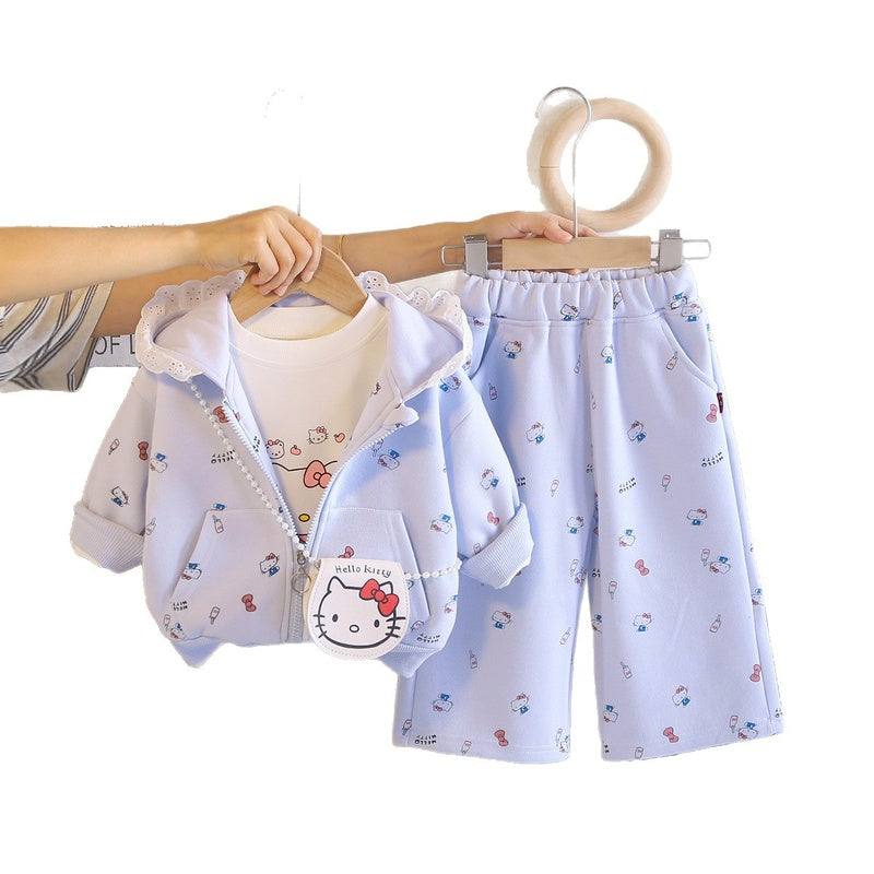 Girls' Spring and Outfit 2026 New Fashionable Girl Three-Piece Set with Kitten Crossbody Bag Trendy Autumn Clothing for Baby Girls