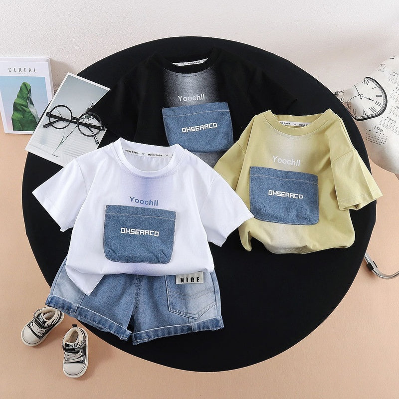Boys' Outfit 2026 New Model Infant Children's Letter Patch Short Sleeve Two-Piece Set Baby Summer Casual Clothes