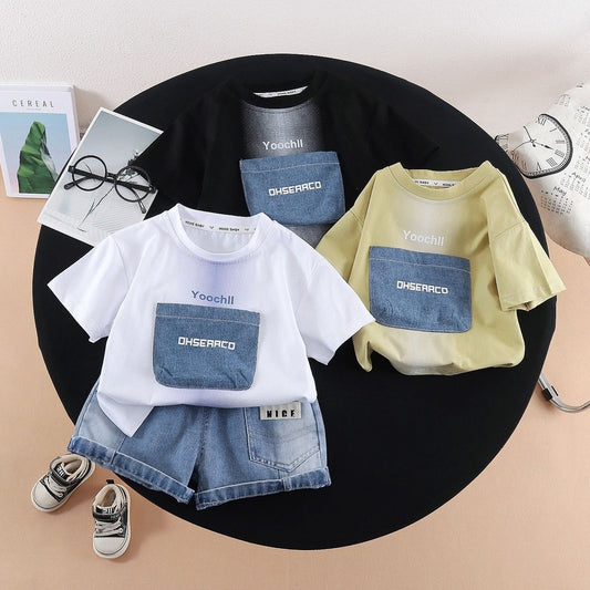 Boys' Outfit 2026 New Model Infant Children's Letter Patch Short Sleeve Two-Piece Set Baby Summer Casual Clothes