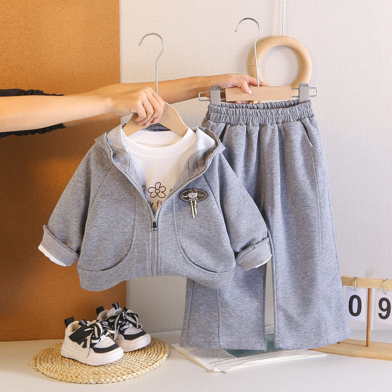 Girls' and Autumn Zipper Hoodie Three-Piece Set Infant Casual Outfit 1-4 Years Old Baby Spring Clothes Stylish for Babies