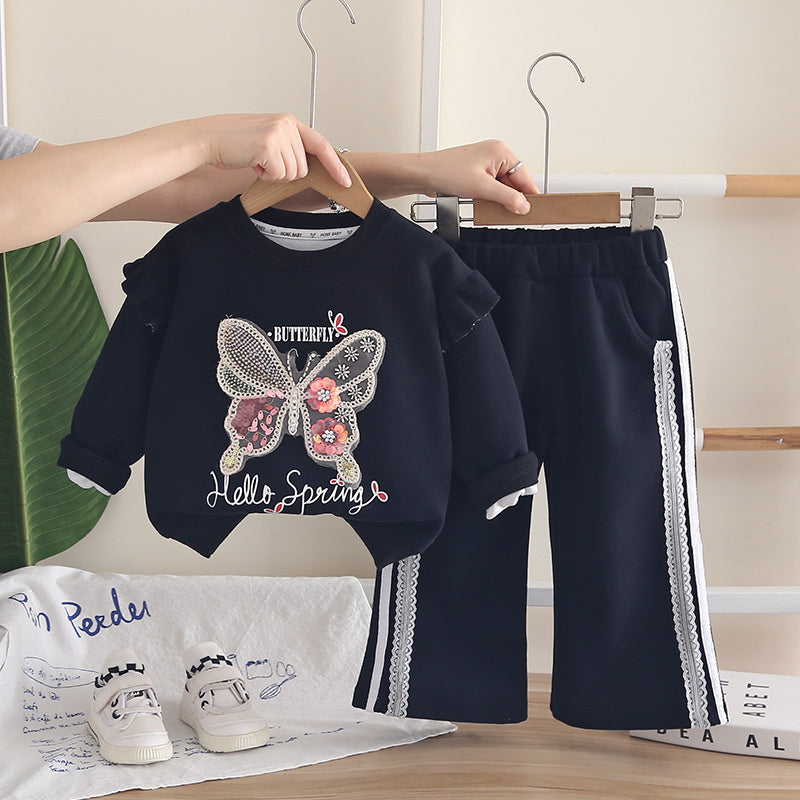 Girls' Spring and Outfit 2026 New Fashionable Baby Girl Autumn Clothing Korean Style Butterfly Sweatshirt Two-Piece Cartoon Trendy Set