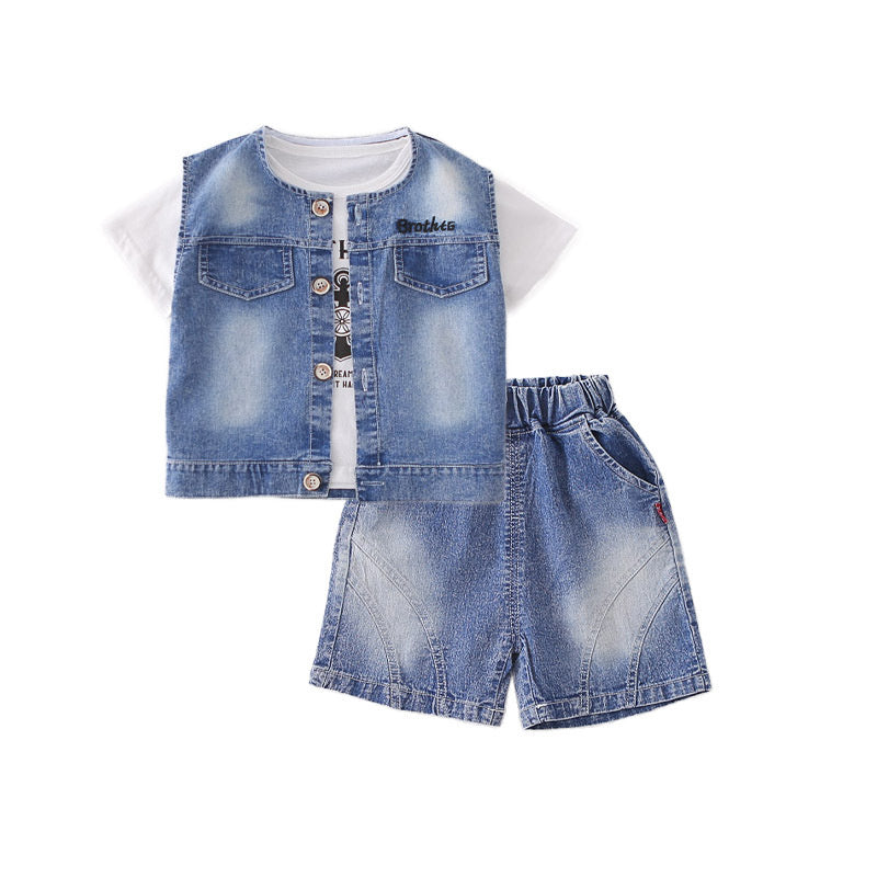 Boys' Summer Outfit 2026 New Fashionable Embroidered Letter Baby Clothes Short Sleeve Shorts Three-Piece Set Trendy