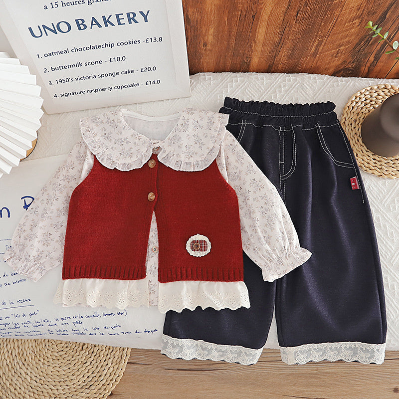 Girls' and Autumn 2026 New Fashionable Children's Casual Spring Outfit with Lace Cardigan Three-Piece Set
