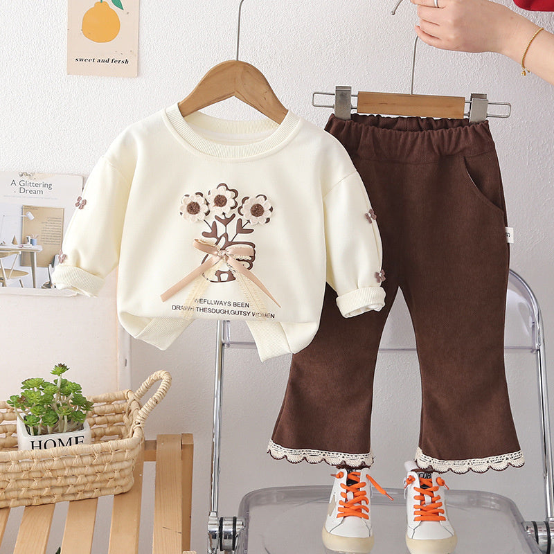 Girls' Outfit 2026 New Baby Spring Fashion Stylish Children's Long Sleeve Small Flower Bow Sweatshirt Two-Piece Set