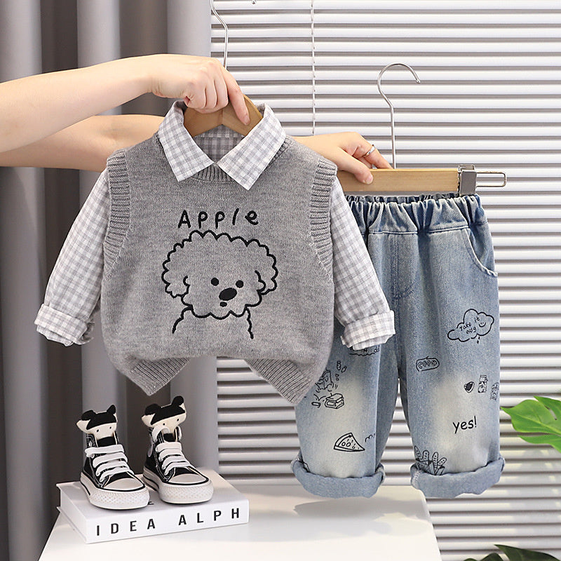Children's and Autumn Outfit 2026 New Model Boys' Puppy Vest Clothes Baby Casual Spring Three-Piece Set