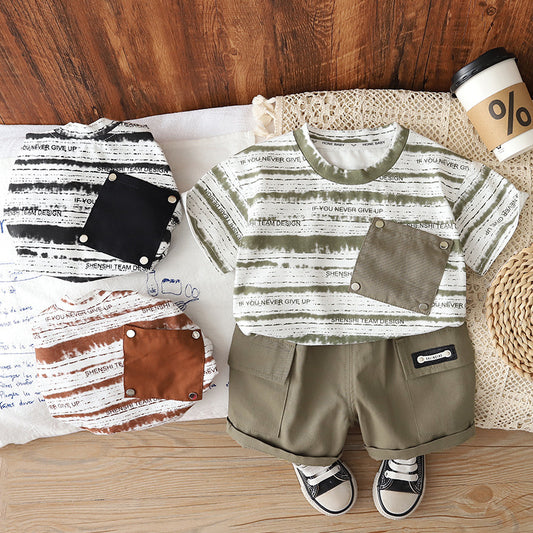 Boys' Outfit 2026 New Fashionable Summer Clothes for Boys Baby Striped Diagonal Pocket Short Sleeve Thin Children's Clothing
