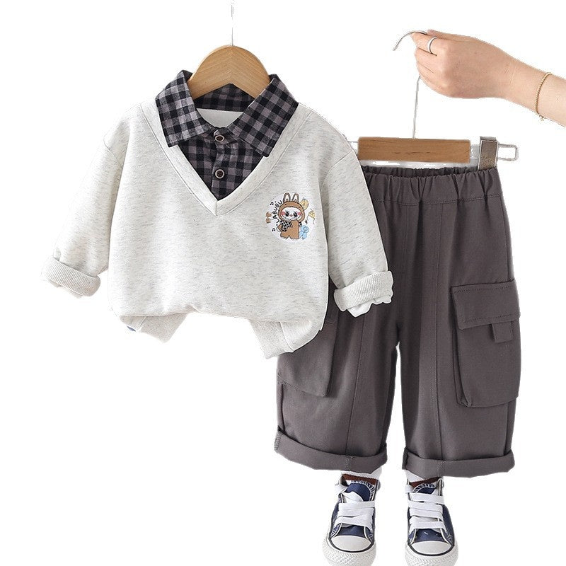 Outfit 2026 New Children's Sweatshirt Boys' Spring and Autumn Sporty Stylish Plaid Fake Three-Piece Set Trendy