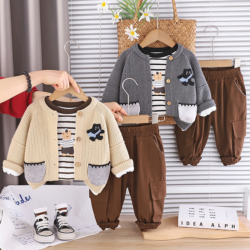 Baby boy outfit for 1-3 year olds, stylish children's spring and autumn two-pocket cat three-piece set