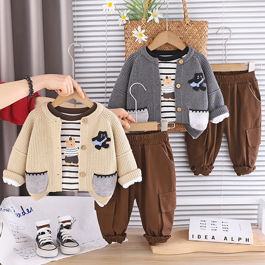 Baby boy outfit for 1-3 year olds, stylish children's spring and autumn two-pocket cat three-piece set
