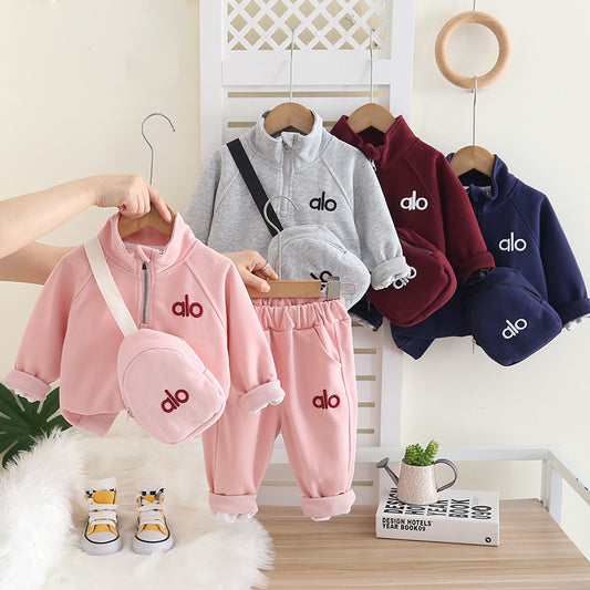 Trendy Boys Girls Crossbody Bag Half-Zip Spring and Autumn Sweatshirt Set 2025 New Children's Casual Sports Stylish Clothes