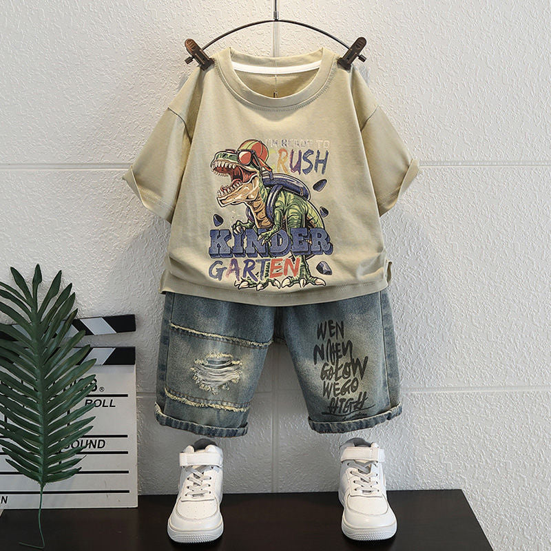 Boys' Outfit 2024 New Trendy Cool Boy Fashion Dinosaur Children's Clothing Summer Thin Two-Piece Set