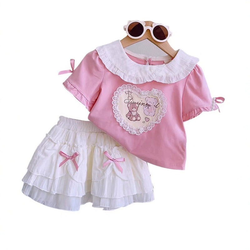 25006 Girls' 2025 Spring/Summer New Cartoon Cute Print Short Sleeve Top and Skirt Two-Piece Set