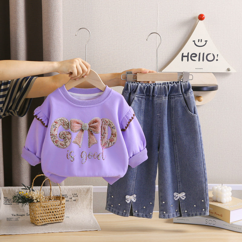 Girls' Autumn Outfit Set 2026 New Fashionable Letter Print Bow Sweatshirt and Pants for Baby Girls 1-2 Years Old