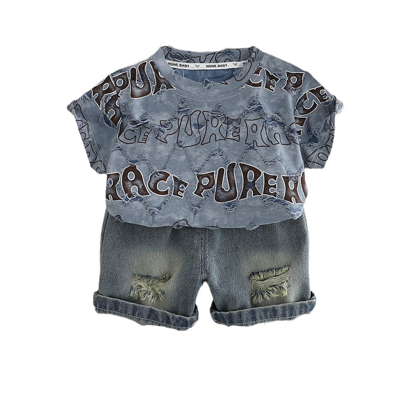 2025 Trendy Clothes Baby Outfit Boys Summer New Style Two-Piece Set English Ripped Short Sleeve Toddler