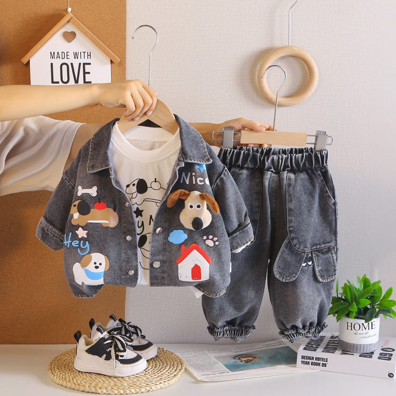 Boys' Spring and Outfit 2026 New Fashionable Children's Three-Piece Set with 3D Puppy Denim Design for Babies, Autumn Trend Wholesale