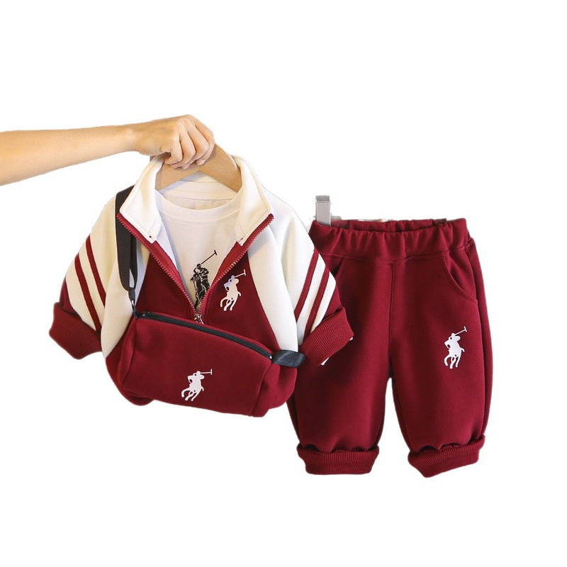 Boys' Casual Sports Suit Korean Style Fashionable Baby Patchwork Embroidery Three-Piece Spring Autumn Children's Outfit