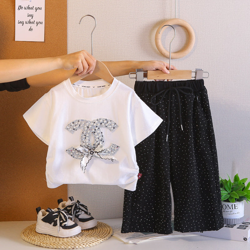Girls' Outfit 2026 New Style Toddler Children's Clothing Baby Silver Rhinestone Long Pants Summer Two-Piece Trendy Set
