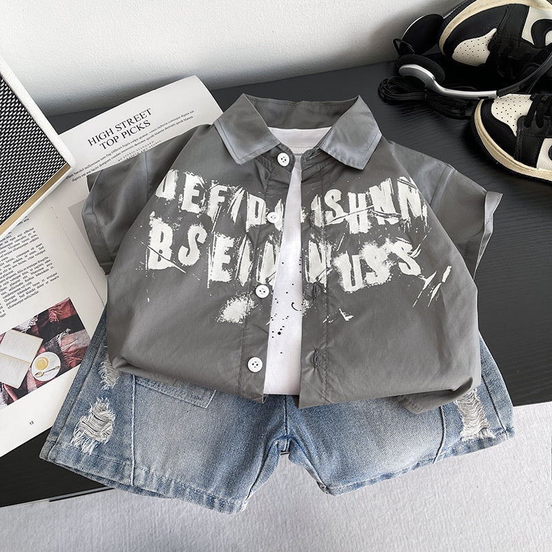 Boys' 2026 New Stylish Children's Short-Sleeve English Shirt Three-Piece Set Baby Summer Fashion