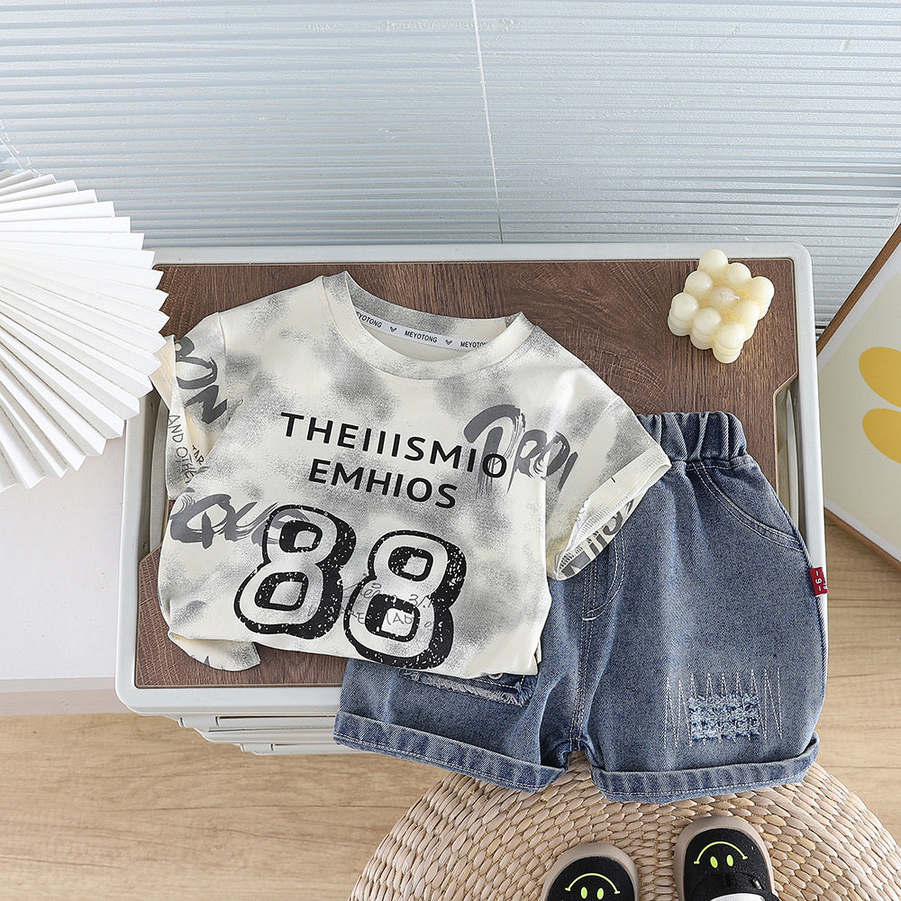 Boys' Outfit 2026 New Style Infant Children's Clothing Summer Cute Tie-Dye Digital Pattern Clothes for Baby Boys Trendy
