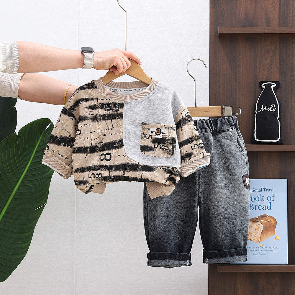 Children's Clothing Boys' Outfit 2026 New Stylish Baby Long Sleeve Striped Ripped Two-Piece Set for Kids Spring and Autumn