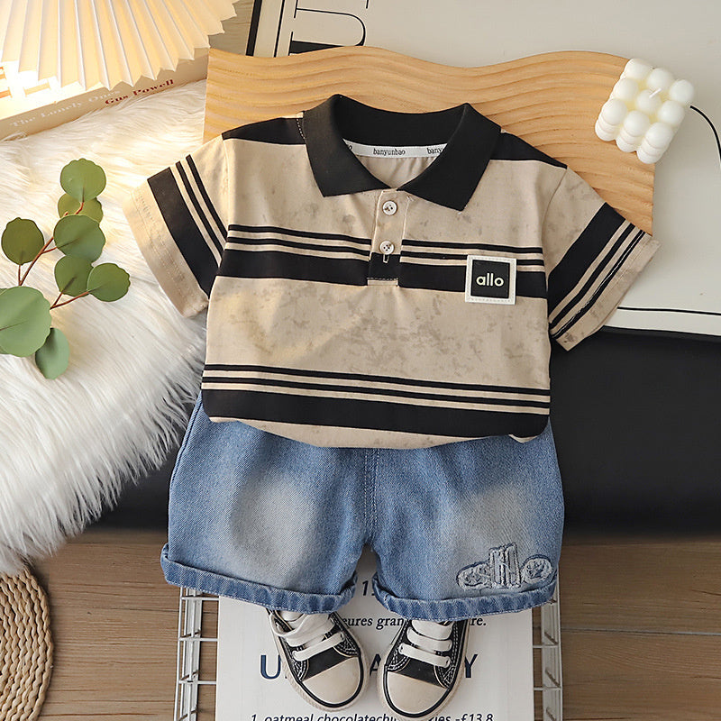 Boys' Outfit 2026 New Fashionable Casual Striped Short-Sleeve Summer Korean Style Two-Piece Set for Children