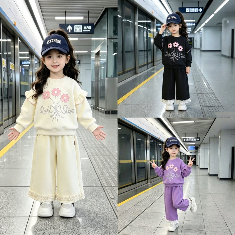 Girls' Autumn Outfit 2026 New Stylish and Fashionable Baby Girl Rhinestone Flower Sweatshirt Two-Piece Set Wholesale