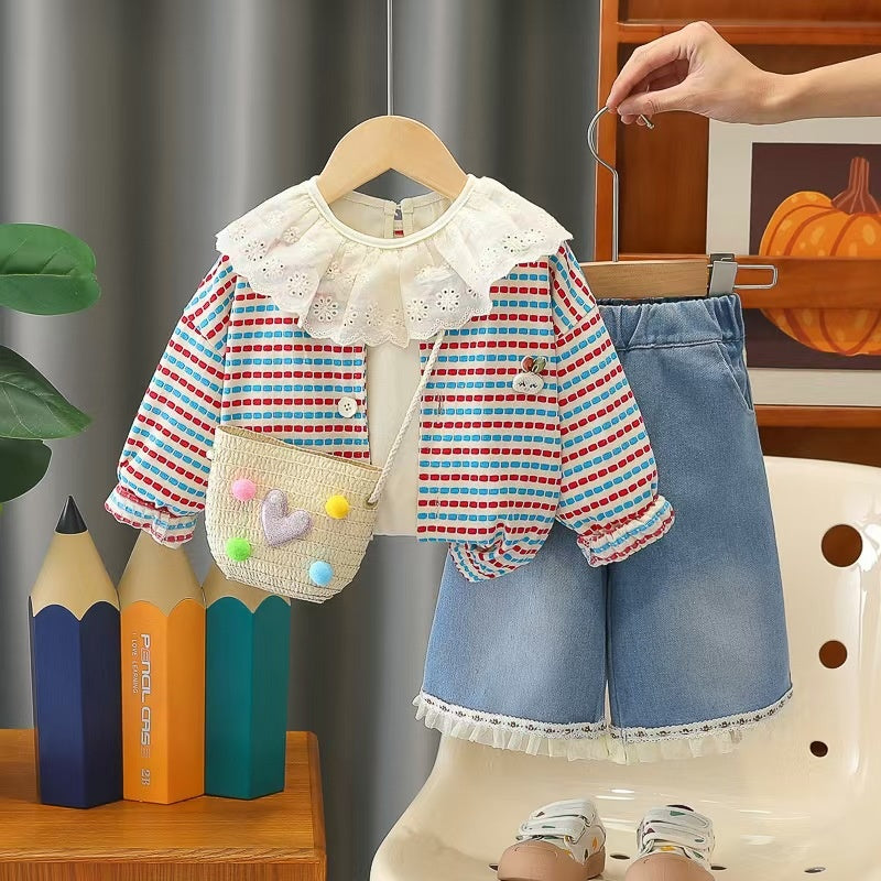 Girls' Korean-style outfit 2026 new fashionable spring and autumn three-piece set for baby girls with thin striped rabbit design