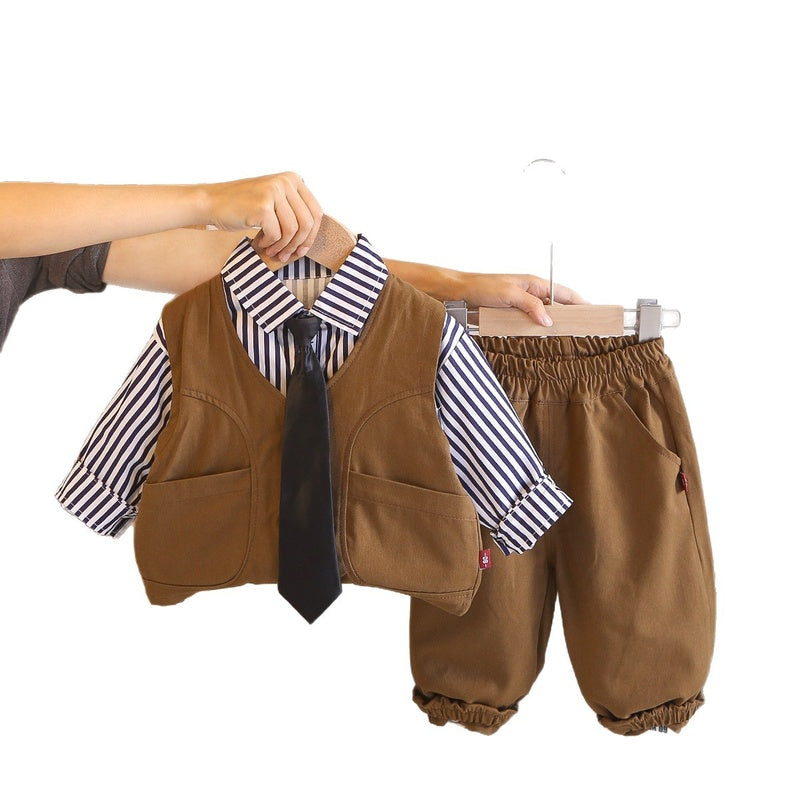 Boys' Tie Workwear Vest Three-Piece Set, Stylish and Autumn Clothes for Kids, Spring Outfit, Trendy Children's Clothing